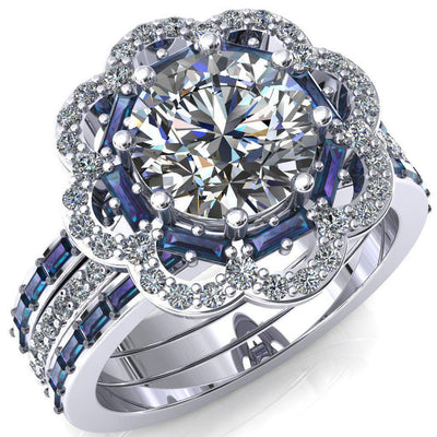 Camelia Round Moissanite Accent Diamond and Alexandrite Halo Ring-Custom-Made Jewelry-Fire & Brilliance ®