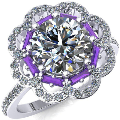 Camelia Round Moissanite Accent Diamond and Amethyst Halo Ring-Custom-Made Jewelry-Fire & Brilliance ®