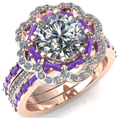 Camelia Round Moissanite Accent Diamond and Amethyst Halo Ring-Custom-Made Jewelry-Fire & Brilliance ®