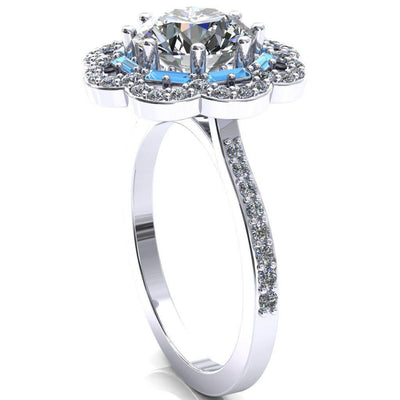 Camelia Round Moissanite Accent Diamond and Aqua Blue Spinel Halo Ring-Custom-Made Jewelry-Fire & Brilliance ®