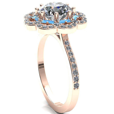 Camelia Round Moissanite Accent Diamond and Aqua Blue Spinel Halo Ring-Custom-Made Jewelry-Fire & Brilliance ®