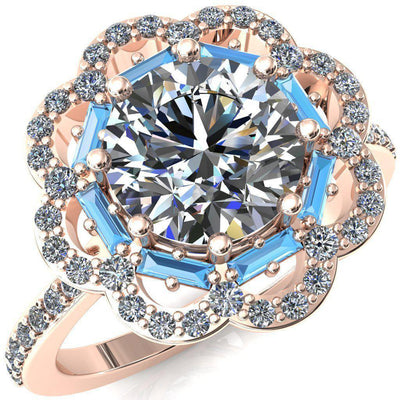 Camelia Round Moissanite Accent Diamond and Aqua Blue Spinel Halo Ring-Custom-Made Jewelry-Fire & Brilliance ®