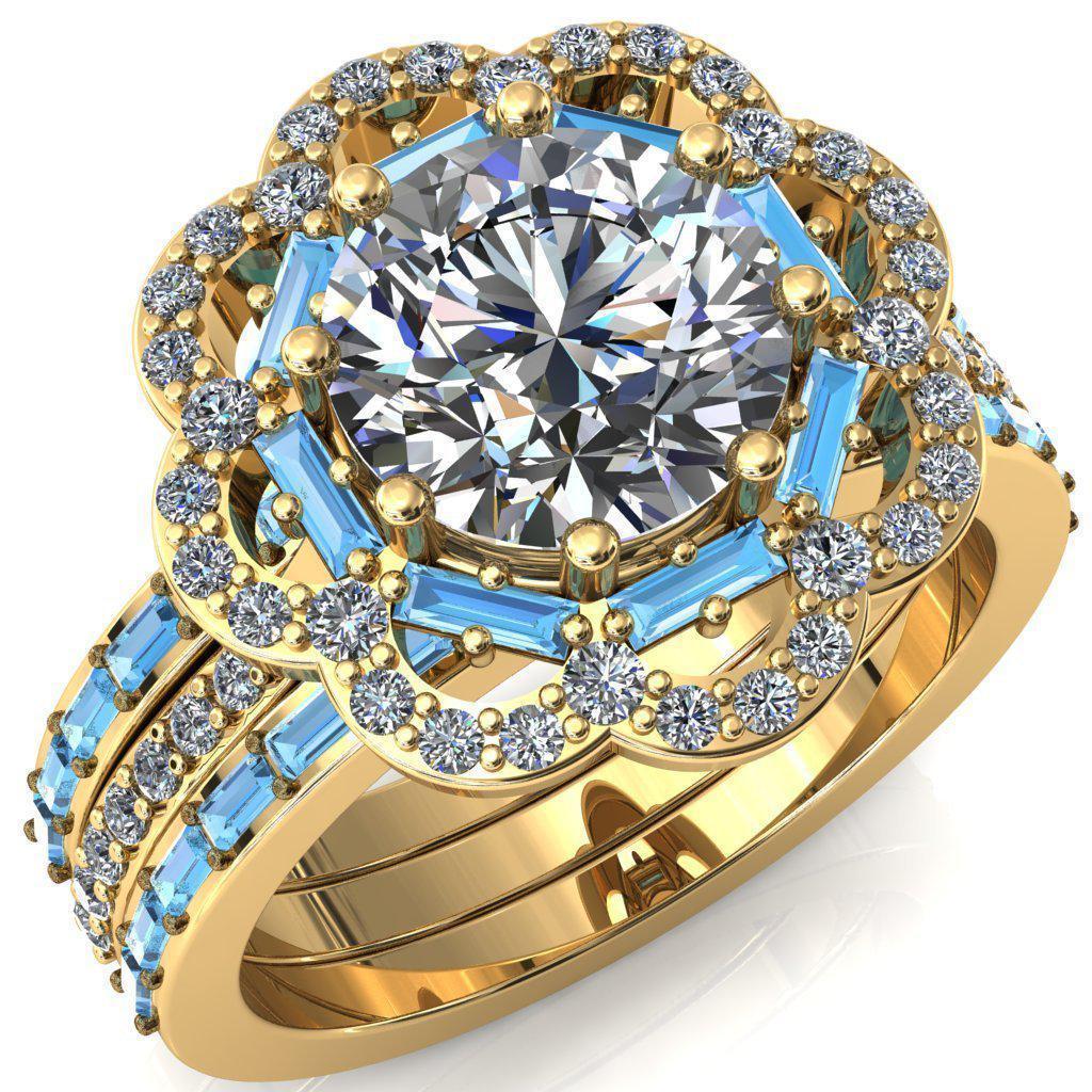 Camelia Round Moissanite Accent Diamond and Aqua Blue Spinel Halo Ring-Custom-Made Jewelry-Fire & Brilliance ®