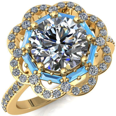 Camelia Round Moissanite Accent Diamond and Aqua Blue Spinel Halo Ring-Custom-Made Jewelry-Fire & Brilliance ®