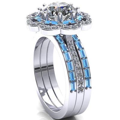 Camelia Round Moissanite Accent Diamond and Aqua Blue Spinel Halo Ring-Custom-Made Jewelry-Fire & Brilliance ®