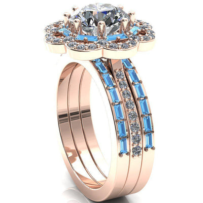 Camelia Round Moissanite Accent Diamond and Aqua Blue Spinel Halo Ring-Custom-Made Jewelry-Fire & Brilliance ®