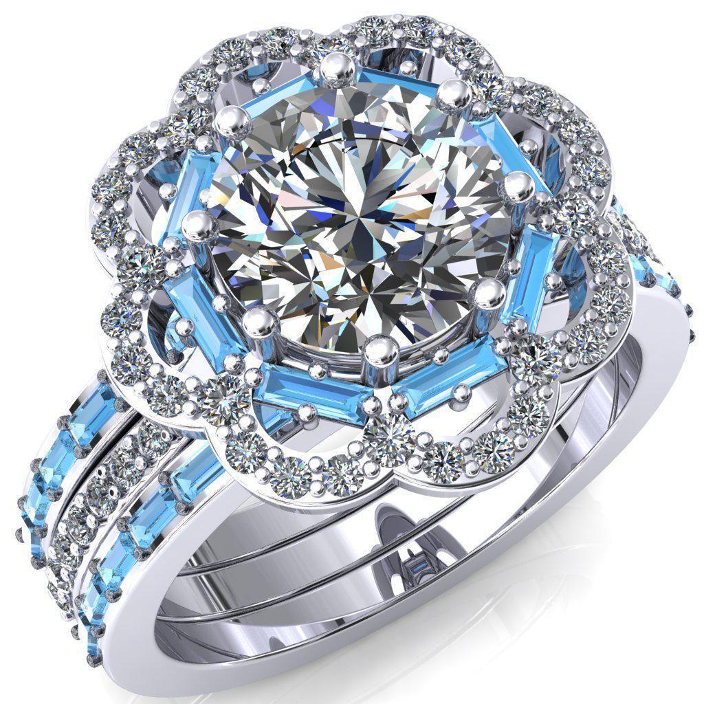 Camelia Round Moissanite Accent Diamond and Aqua Blue Spinel Halo Ring-Custom-Made Jewelry-Fire & Brilliance ®