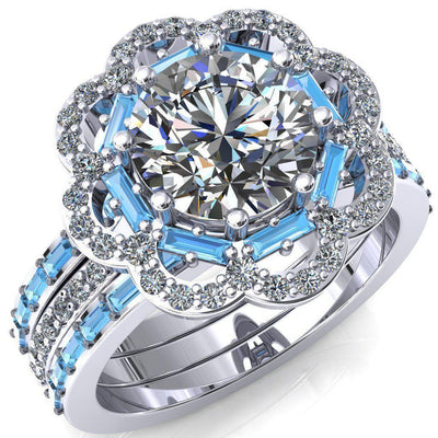 Camelia Round Moissanite Accent Diamond and Aqua Blue Spinel Halo Ring-Custom-Made Jewelry-Fire & Brilliance ®