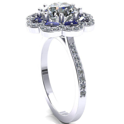 Camelia Round Moissanite Accent Diamond and Blue Sapphire Halo Ring-Custom-Made Jewelry-Fire & Brilliance ®