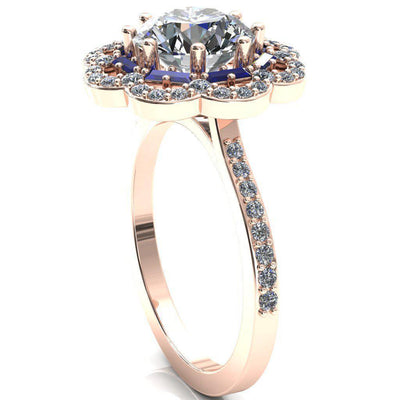 Camelia Round Moissanite Accent Diamond and Blue Sapphire Halo Ring-Custom-Made Jewelry-Fire & Brilliance ®