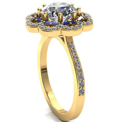 Camelia Round Moissanite Accent Diamond and Blue Sapphire Halo Ring-Custom-Made Jewelry-Fire & Brilliance ®