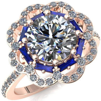 Camelia Round Moissanite Accent Diamond and Blue Sapphire Halo Ring-Custom-Made Jewelry-Fire & Brilliance ®