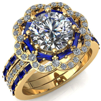 Camelia Round Moissanite Accent Diamond and Blue Sapphire Halo Ring-Custom-Made Jewelry-Fire & Brilliance ®