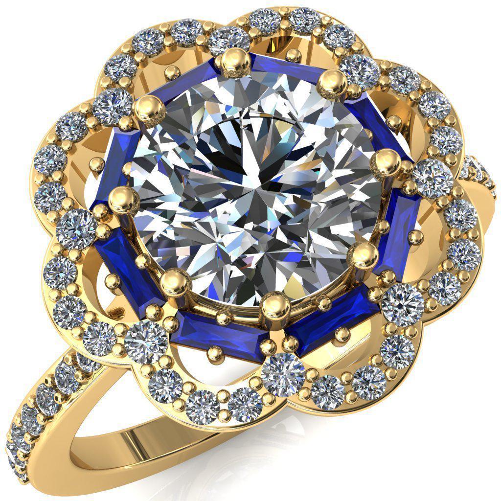 Camelia Round Moissanite Accent Diamond and Blue Sapphire Halo Ring-Custom-Made Jewelry-Fire & Brilliance ®