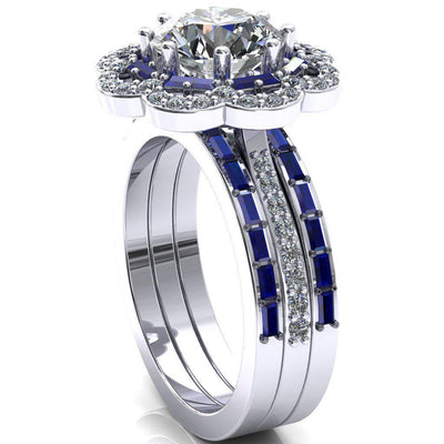 Camelia Round Moissanite Accent Diamond and Blue Sapphire Halo Ring-Custom-Made Jewelry-Fire & Brilliance ®