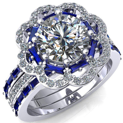 Camelia Round Moissanite Accent Diamond and Blue Sapphire Halo Ring-Custom-Made Jewelry-Fire & Brilliance ®