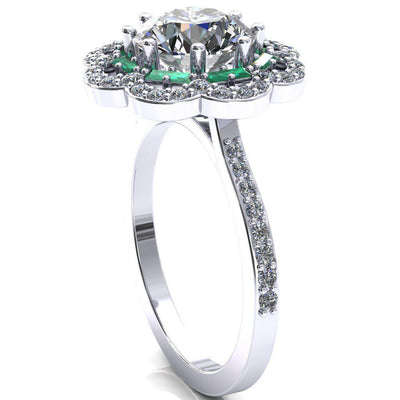 Camelia Round Moissanite Accent Diamond and Emerald Halo Ring-Custom-Made Jewelry-Fire & Brilliance ®