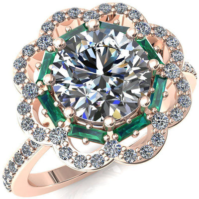 Camelia Round Moissanite Accent Diamond and Emerald Halo Ring-Custom-Made Jewelry-Fire & Brilliance ®