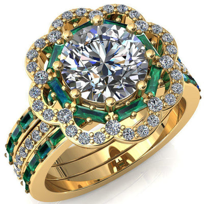 Camelia Round Moissanite Accent Diamond and Emerald Halo Ring-Custom-Made Jewelry-Fire & Brilliance ®