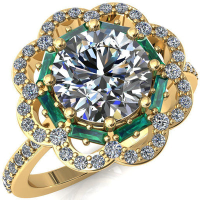 Camelia Round Moissanite Accent Diamond and Emerald Halo Ring-Custom-Made Jewelry-Fire & Brilliance ®