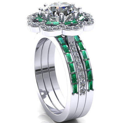 Camelia Round Moissanite Accent Diamond and Emerald Halo Ring-Custom-Made Jewelry-Fire & Brilliance ®