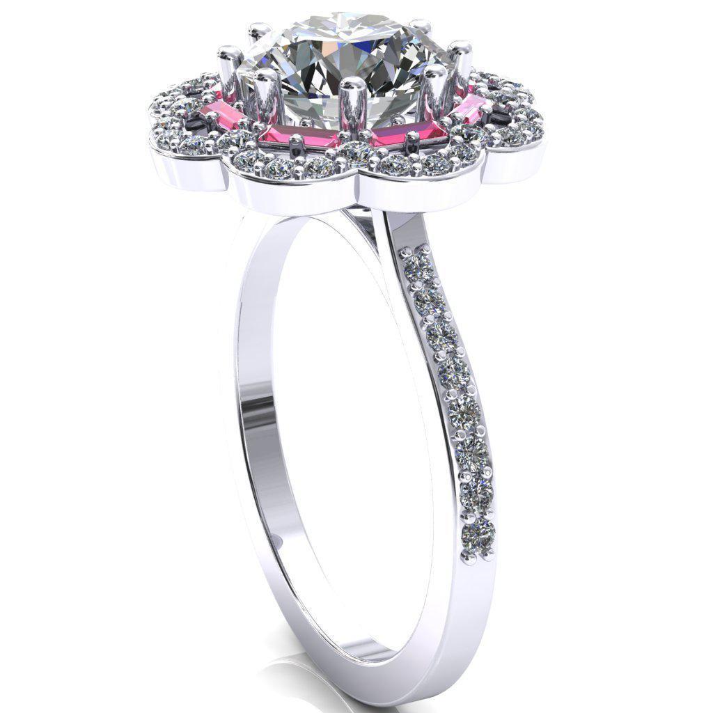 Camelia Round Moissanite Accent Diamond and Padparadscha Sapphire Halo Ring-Custom-Made Jewelry-Fire & Brilliance ®