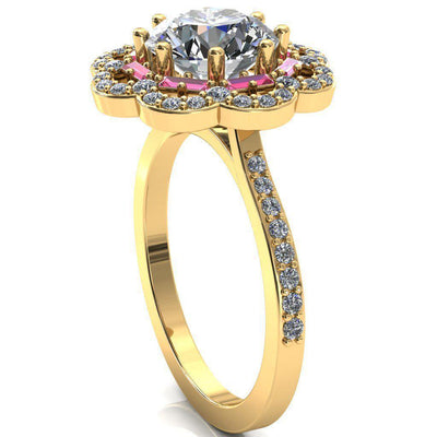 Camelia Round Moissanite Accent Diamond and Padparadscha Sapphire Halo Ring-Custom-Made Jewelry-Fire & Brilliance ®