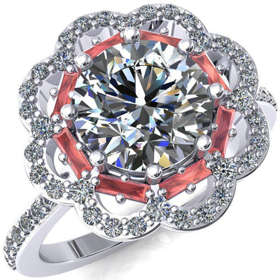 Camelia Round Moissanite Accent Diamond and Padparadscha Sapphire Halo Ring-Custom-Made Jewelry-Fire & Brilliance ®