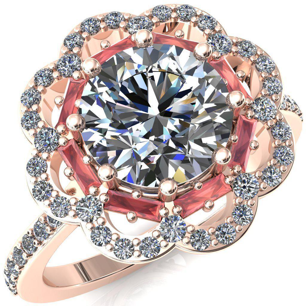 Camelia Round Moissanite Accent Diamond and Padparadscha Sapphire Halo Ring-Custom-Made Jewelry-Fire & Brilliance ®