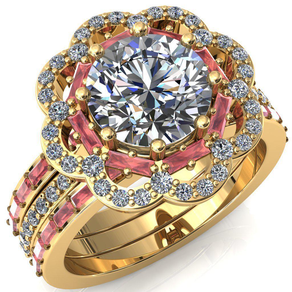 Camelia Round Moissanite Accent Diamond and Padparadscha Sapphire Halo Ring-Custom-Made Jewelry-Fire & Brilliance ®