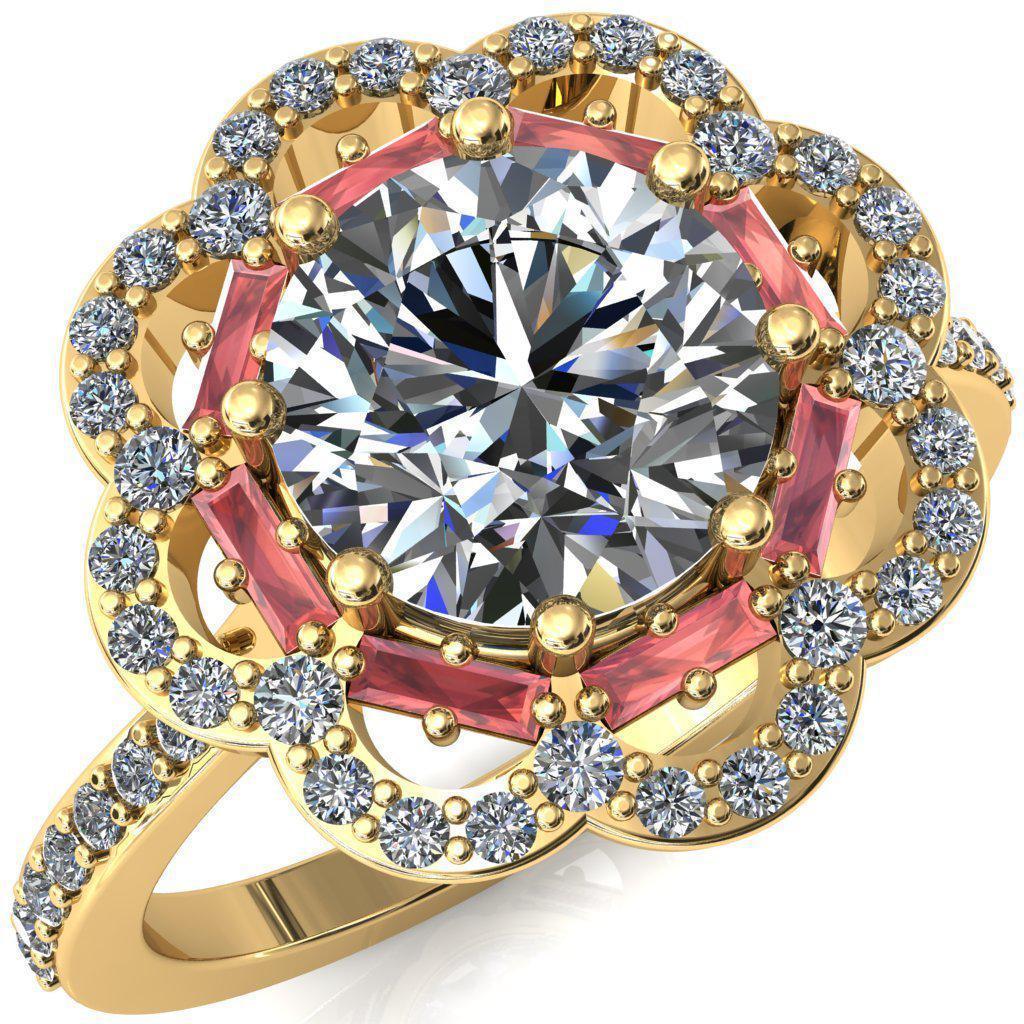 Camelia Round Moissanite Accent Diamond and Padparadscha Sapphire Halo Ring-Custom-Made Jewelry-Fire & Brilliance ®