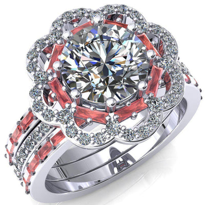 Camelia Round Moissanite Accent Diamond and Padparadscha Sapphire Halo Ring-Custom-Made Jewelry-Fire & Brilliance ®