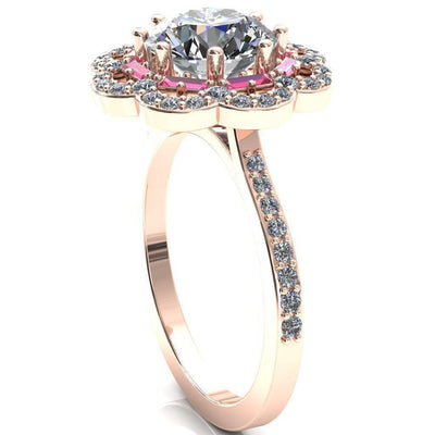 Camelia Round Moissanite Accent Diamond and Pink Sapphire Halo Ring-Custom-Made Jewelry-Fire & Brilliance ®