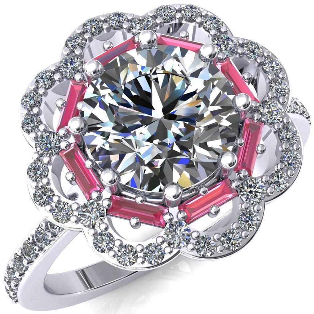 Camelia Round Moissanite Accent Diamond and Pink Sapphire Halo Ring-Custom-Made Jewelry-Fire & Brilliance ®