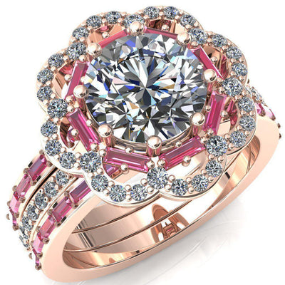 Camelia Round Moissanite Accent Diamond and Pink Sapphire Halo Ring-Custom-Made Jewelry-Fire & Brilliance ®