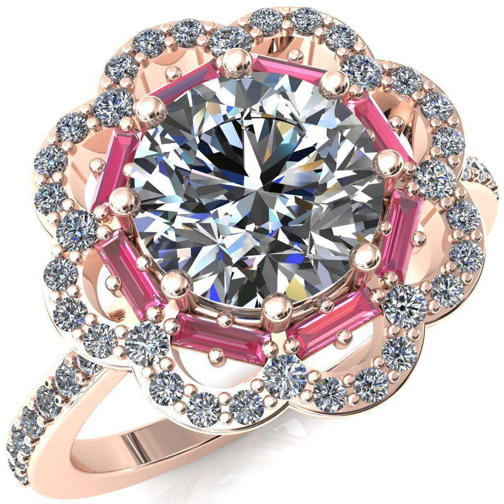 Camelia Round Moissanite Accent Diamond and Pink Sapphire Halo Ring-Custom-Made Jewelry-Fire & Brilliance ®