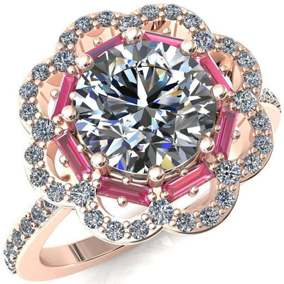 Camelia Round Moissanite Accent Diamond and Pink Sapphire Halo Ring-Custom-Made Jewelry-Fire & Brilliance ®