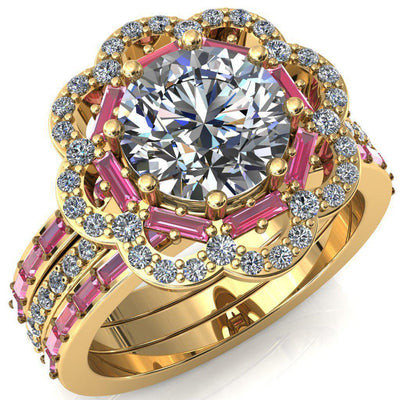 Camelia Round Moissanite Accent Diamond and Pink Sapphire Halo Ring-Custom-Made Jewelry-Fire & Brilliance ®