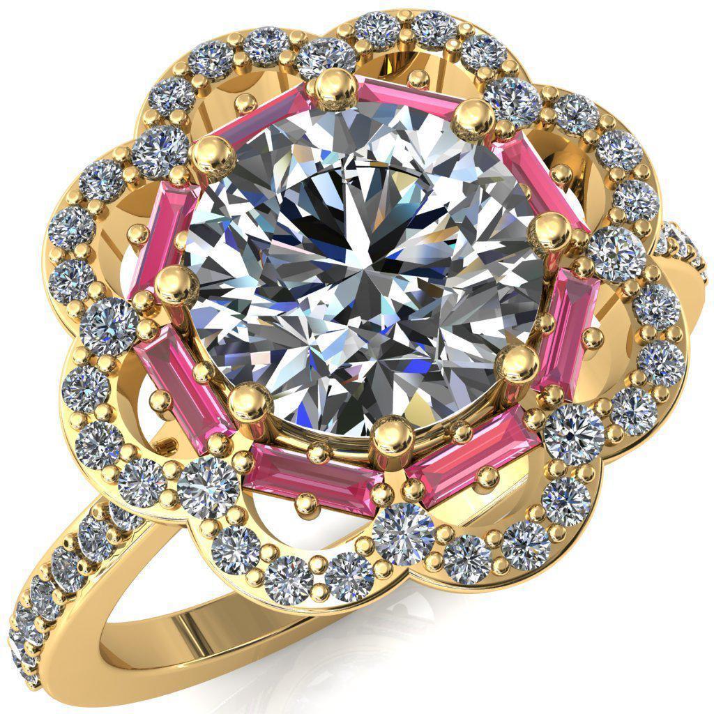 Camelia Round Moissanite Accent Diamond and Pink Sapphire Halo Ring-Custom-Made Jewelry-Fire & Brilliance ®