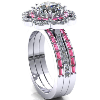 Camelia Round Moissanite Accent Diamond and Pink Sapphire Halo Ring-Custom-Made Jewelry-Fire & Brilliance ®