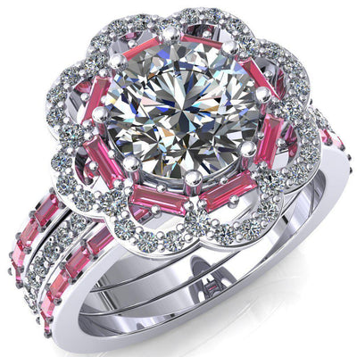 Camelia Round Moissanite Accent Diamond and Pink Sapphire Halo Ring-Custom-Made Jewelry-Fire & Brilliance ®