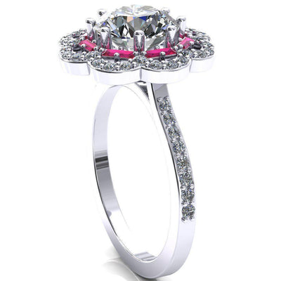 Camelia Round Moissanite Accent Diamond and Ruby Halo Ring-Custom-Made Jewelry-Fire & Brilliance ®