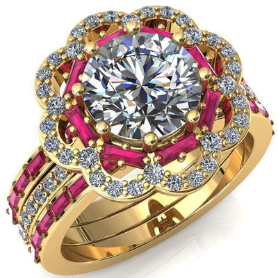 Camelia Round Moissanite Accent Diamond and Ruby Halo Ring-Custom-Made Jewelry-Fire & Brilliance ®