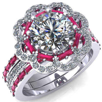 Camelia Round Moissanite Accent Diamond and Ruby Halo Ring-Custom-Made Jewelry-Fire & Brilliance ®