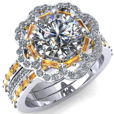 Camelia Round Moissanite Accent Diamond and Yellow Sapphire Halo Ring-Custom-Made Jewelry-Fire & Brilliance ®