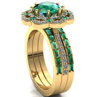 Camelia Round Emerald Accent Diamond and Emerald Halo Ring-Custom-Made Jewelry-Fire & Brilliance ®