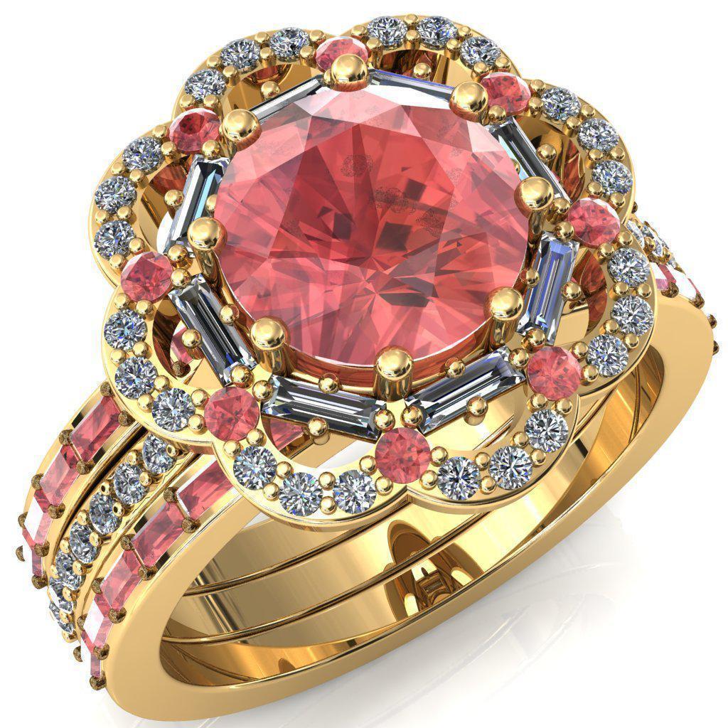 Camelia Round Padparadscha Sapphire Accent Diamond and Padparadscha Sapphire Halo Ring-Custom-Made Jewelry-Fire & Brilliance ®