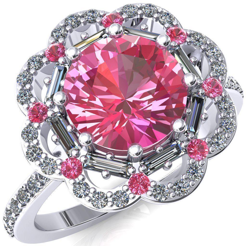 Camelia Round Pink Sapphire Accent Diamond and Pink Sapphire Halo Ring-Custom-Made Jewelry-Fire & Brilliance ®