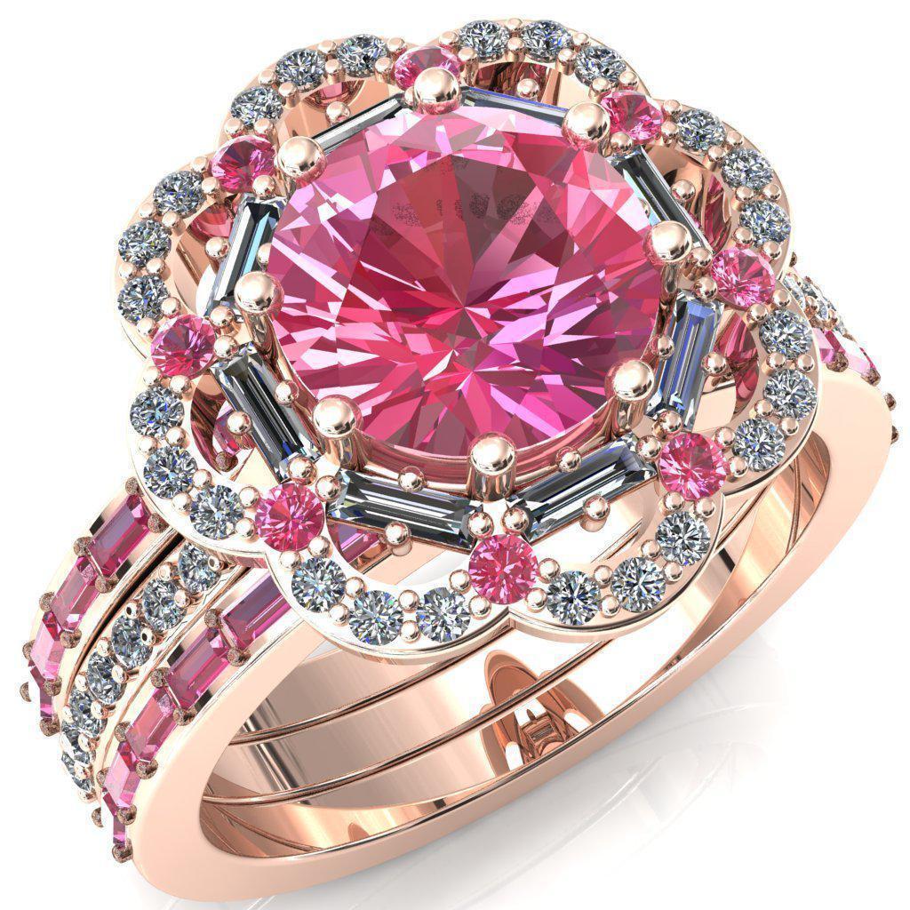 Camelia Round Pink Sapphire Accent Diamond and Pink Sapphire Halo Ring-Custom-Made Jewelry-Fire & Brilliance ®