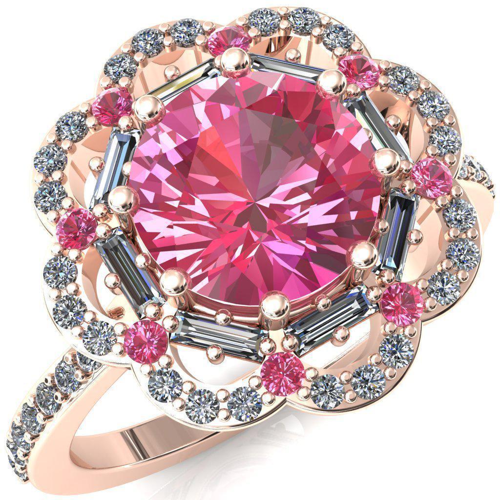 Camelia Round Pink Sapphire Accent Diamond and Pink Sapphire Halo Ring-Custom-Made Jewelry-Fire & Brilliance ®